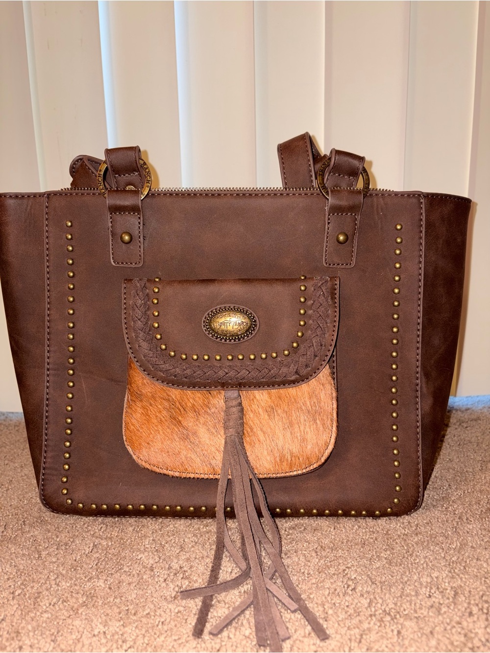 Brown Leather Tote with Haircalf Pocket and Tassel Detail